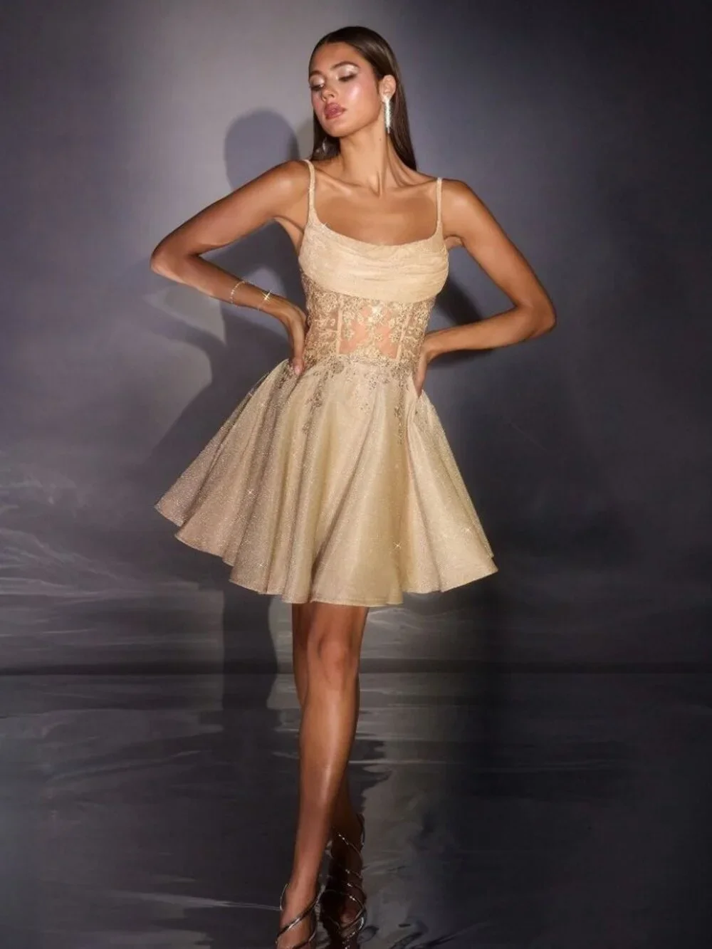 New Champagne A-Line Formal Short Homecoming Dress w/ Shiny Finish CD KV1152